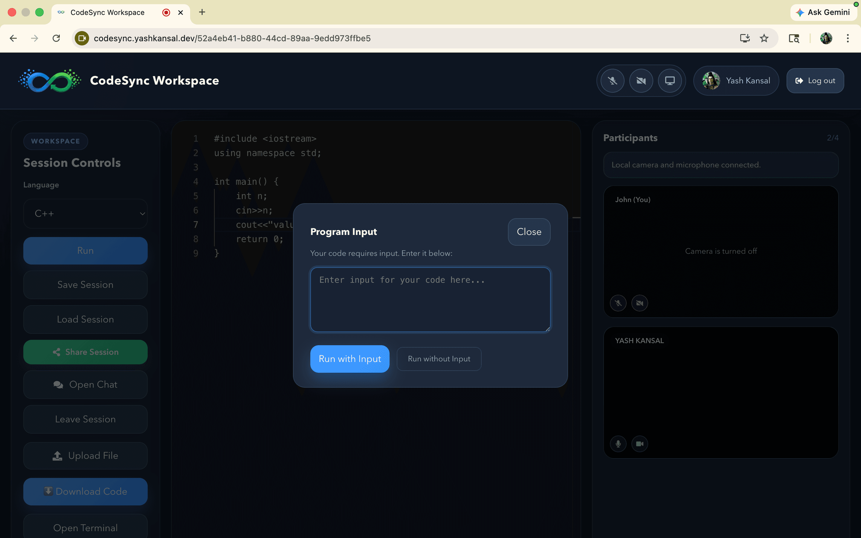 Input modal before running code