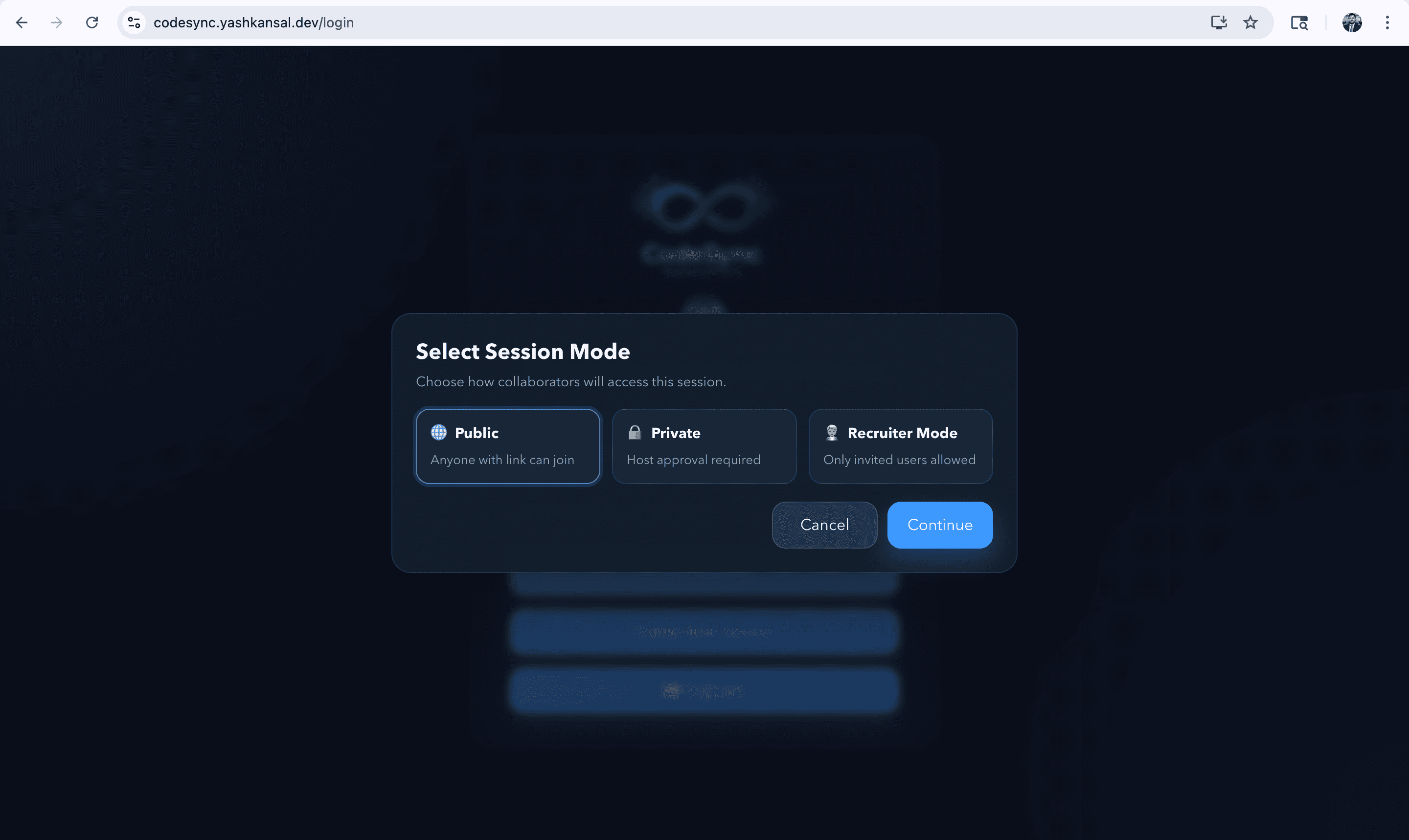 CodeSync mode selection interface for recruiter, private, and public sessions