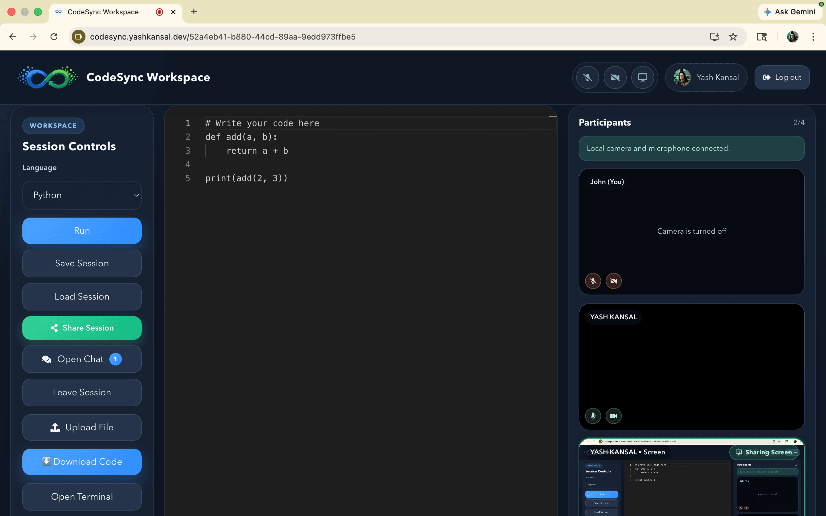 CodeSync workspace with live editor, controls, and participants